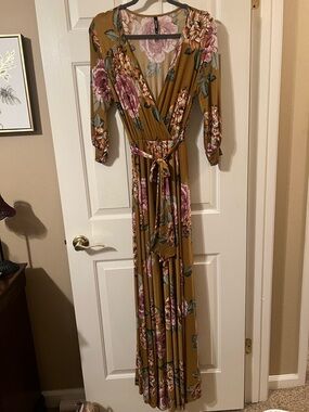 Janette Floral Mustard with Pink Blooms 3/4 Sleeve Ultra Long Maxi Dress Size S